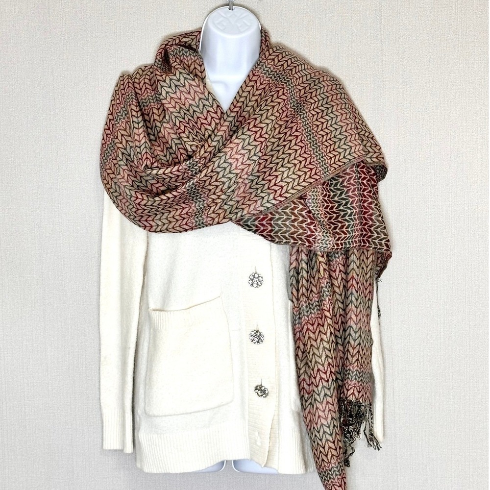Pashmina Silk Blend Burgundy Chevron Tassel Fringe Shawl Wrap Scarf Luxury